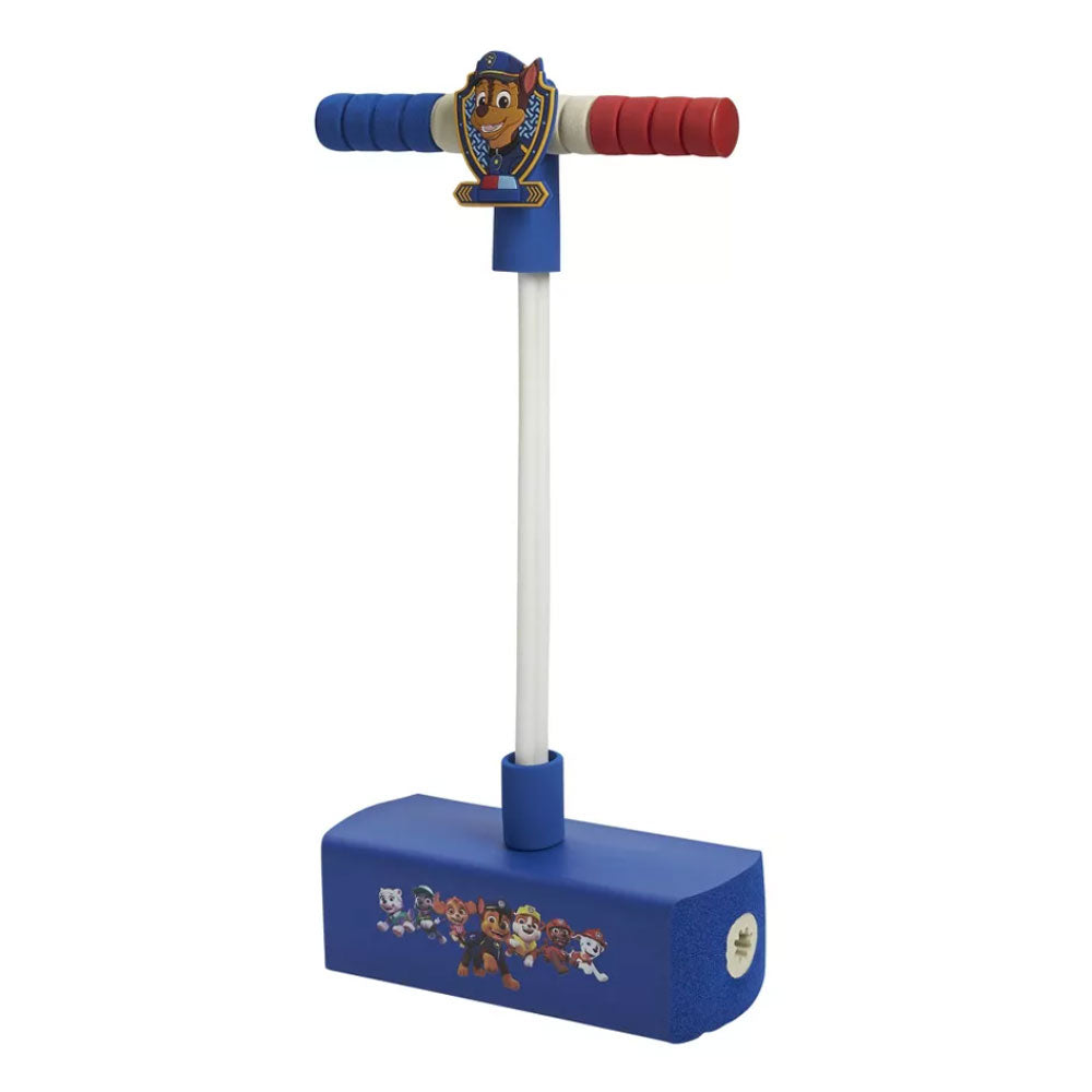 The Paw Patrol Flybar (Chase) is a blue foam pogo jumper for kids, featuring PAW Patrol characters on the base and a handlebar with Chase’s face on a badge. The handles are blue and red.