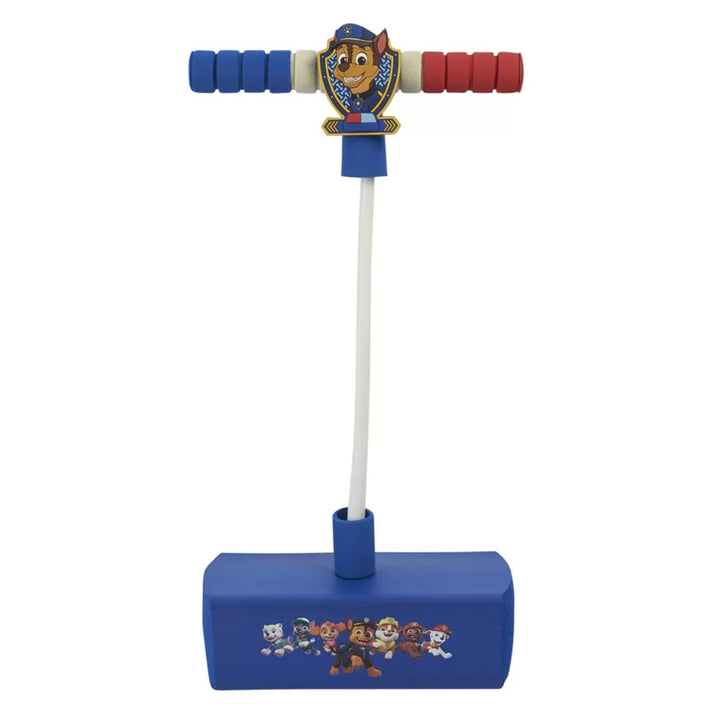 The Paw Patrol Flybar (Chase) is a blue foam pogo jumper with red, white, and blue handles featuring Chase on the handle and a group image on the base.