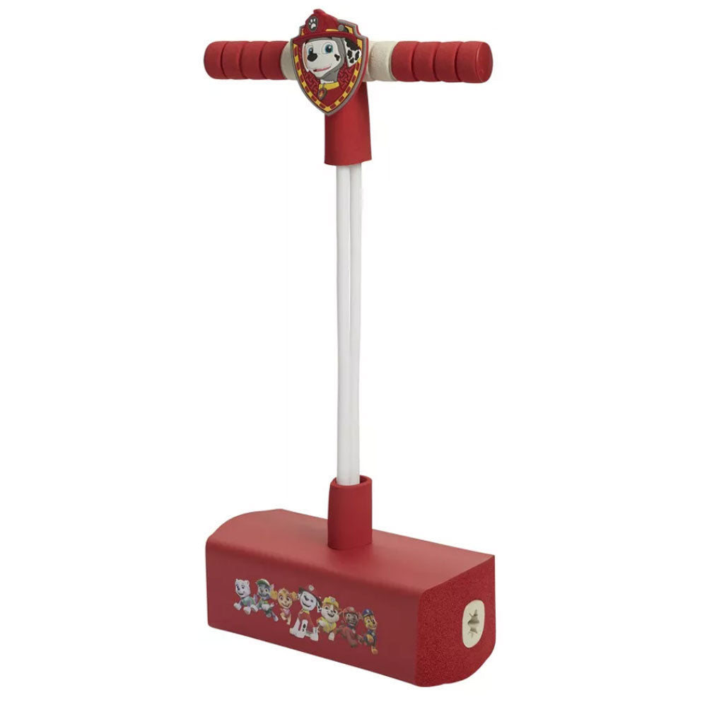 The Paw Patrol Flybar (Marshall) is a red foam pogo jumper for kids with Paw Patrol characters on the base, a Marshall badge on the handlebar, and textured handles and base for better grip.
