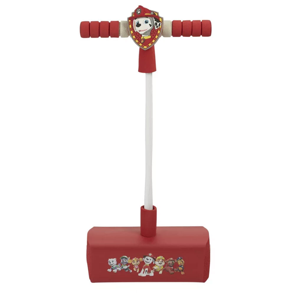 The Paw Patrol Flybar (Marshall) is a red pogo jumper toy with a foam base, red handle grips, and a handlebar featuring Marshall’s face above a shield. Paw Patrol characters decorate the base.