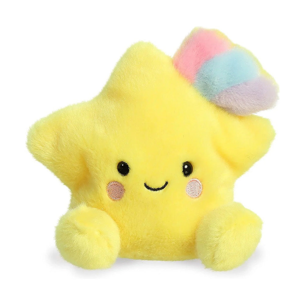 The Star Palm Plush is a cute yellow star-shaped plush toy featuring a smiling face, pink cheeks, and a pastel rainbow tuft on its top right, shown against a crisp white background.