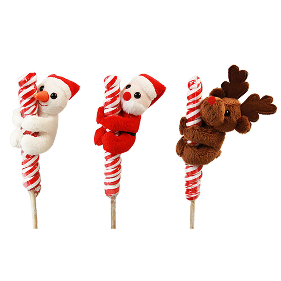 The Christmas Candy Plush Pops feature a snowman, Santa, and reindeer hugging red-and-white candy canes on sticks—adorable plush figures perfect as festive stocking stuffers. Set against a white background.