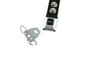 A close-up of the Ford Mustang Seat Belt Key Chain, featuring a metal buckle and latch with a black strap and two silver snap buttons, isolated on a white background.