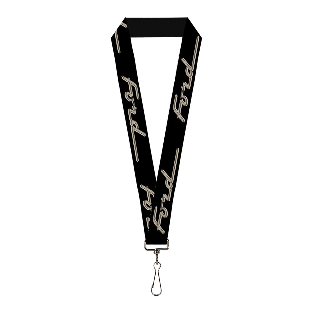 Introducing the Ford F-100 Script Lanyard—an officially licensed black lanyard featuring “Ford” printed repeatedly in white script and a durable metal clasp at the bottom for attaching keys or ID badges. Perfect for proudly displaying your automotive heritage with both style and practicality.