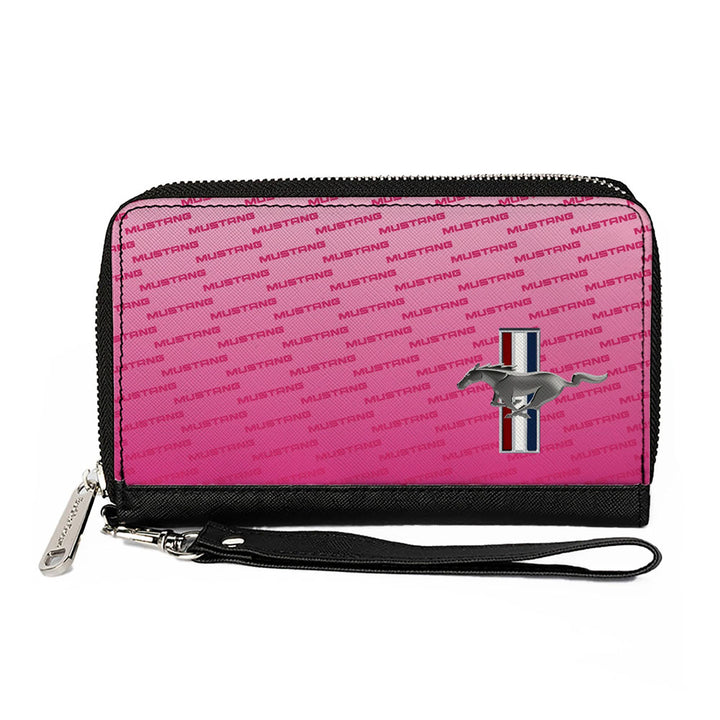 The Ford Mustang Ladies Clutch is a pink vegan leather zippered clutch featuring repeating MUSTANG text, a Mustang logo with a running horse and red, white, and blue stripes, and a black wrist strap attached to the zipper. This clutch is officially licensed by Ford.