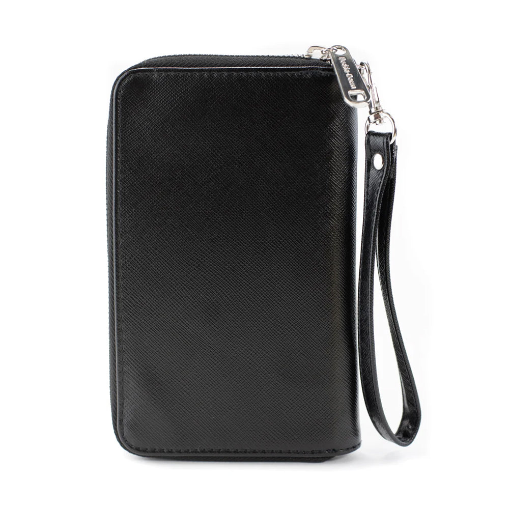 The Ford Mustang Ladies Clutch is a black, officially licensed accessory crafted from vegan leather, featuring a silver zipper and an attached wrist strap. It is shown standing upright against a white background.