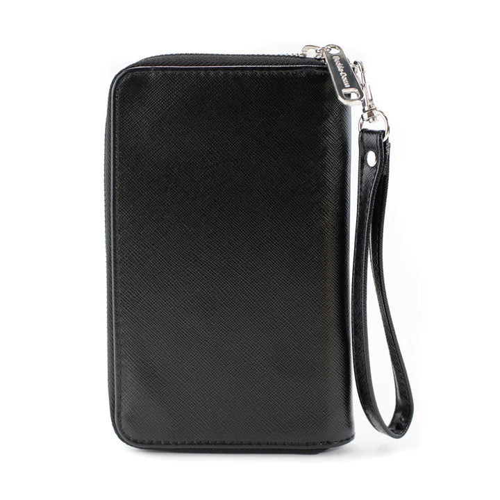 The Ford Mustang Ladies Clutch is a black, officially licensed accessory crafted from vegan leather, featuring a silver zipper and an attached wrist strap. It is shown standing upright against a white background.