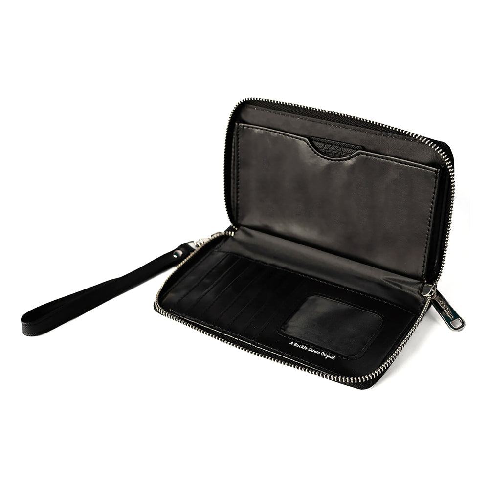 The Ford Mustang Ladies Clutch is a black vegan leather zippered wallet featuring a wrist strap. When opened, it reveals card slots, a transparent ID window, and an inner pocket, all lined with dark fabric. This stylish accessory is officially licensed by Ford and offers the perfect blend of function and flair for Mustang fans.