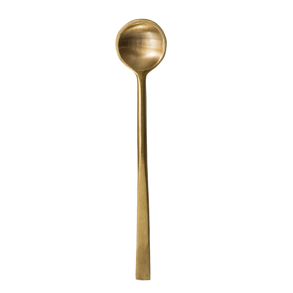 The Cocktail Spoon features an antique brass finish, round bowl, and straight handle—an ideal bar tool for mixology—shown on a white background.