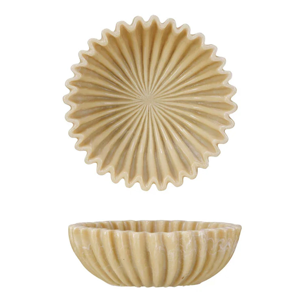 The Pleated Bowl Decor is a beige ceramic bowl with a fluted sunburst pattern, shown from above and the side to showcase its textured surface and scalloped edges—an ideal stylish accent for your home.