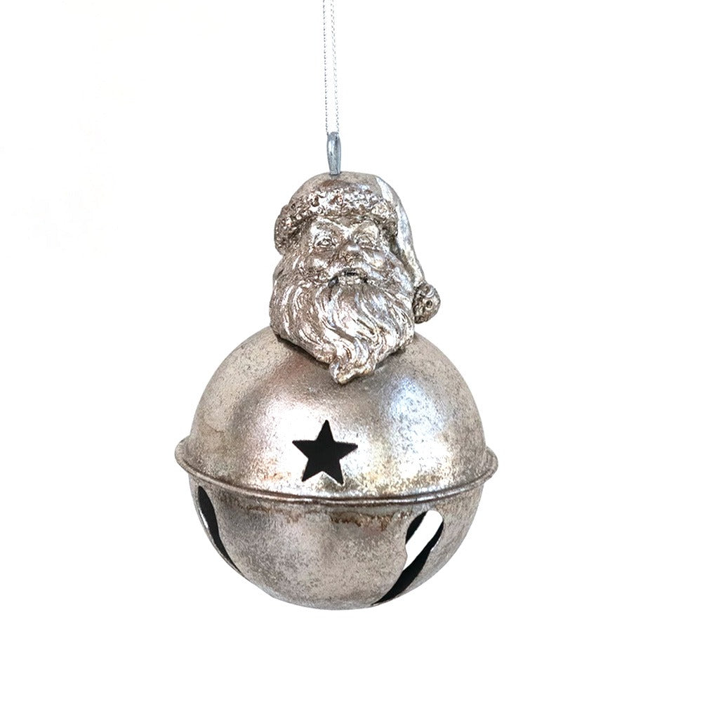 Add festive charm with the Metal Bell Ornament with Santa Head & Star Cut-Outs—a jingle bell ornament featuring a detailed Santa head and star-shaped cutouts, hanging by a silver string. Perfect for your holiday decor!.