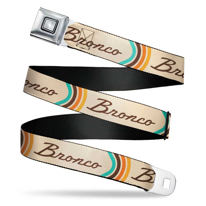 The Ford Bronco Script Seatbelt Belt is a beige seatbelt-style belt featuring retro colored stripes, bold Bronco text, and a classic metallic seatbelt buckle and clasp at each end—making it a unique automotive accessory.