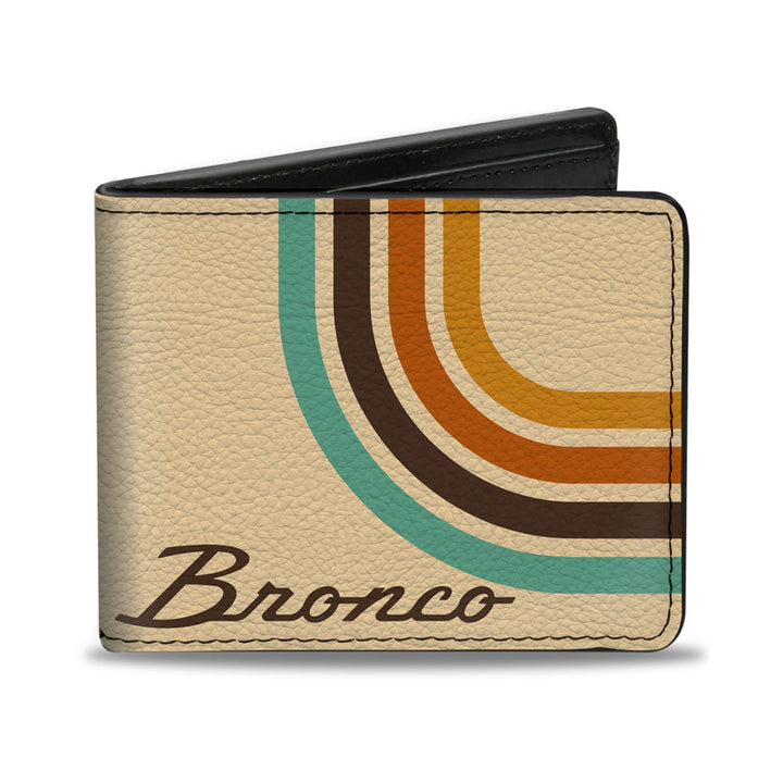 The Ford Bronco Script Wallet features a beige design with retro curved stripes in teal, brown, and orange, and showcases the word “Bronco” in script on the front. This officially licensed wallet is crafted from textured vegan leather and finished with visible stitching.