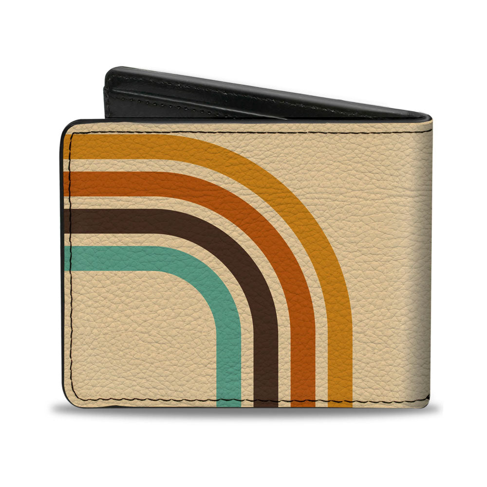 Introducing the Ford Bronco Script Wallet: a beige accessory crafted from premium vegan leather and adorned with retro curved stripes in teal, brown, orange, and yellow on the front. The wallet is shown slightly open to reveal its sleek black interior.