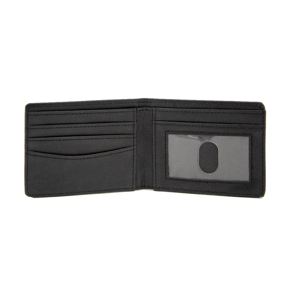 An open Ford Bronco Script Wallet in black vegan leather, featuring multiple card slots on the left and a transparent ID window on the right.