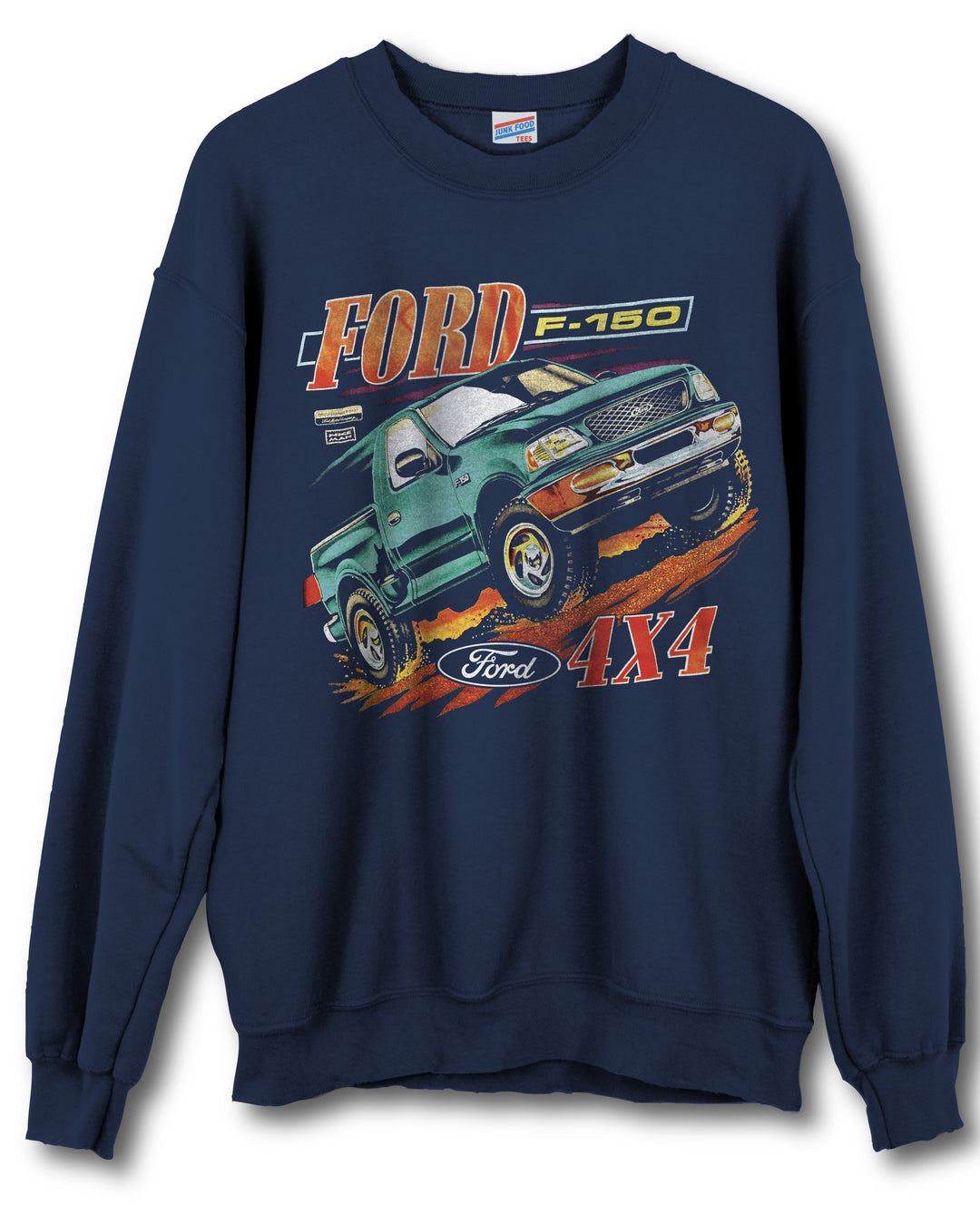 Show your passion for rugged durability with the Ford F-150 4x4 Crew Sweatshirt. This navy blue sweatshirt showcases a vibrant graphic of a green Ford F-150 pickup truck, bold FORD F-150 lettering, and retro-styled “Ford 4x4” text beneath the truck—perfect for fans of classic 4x4 style.
