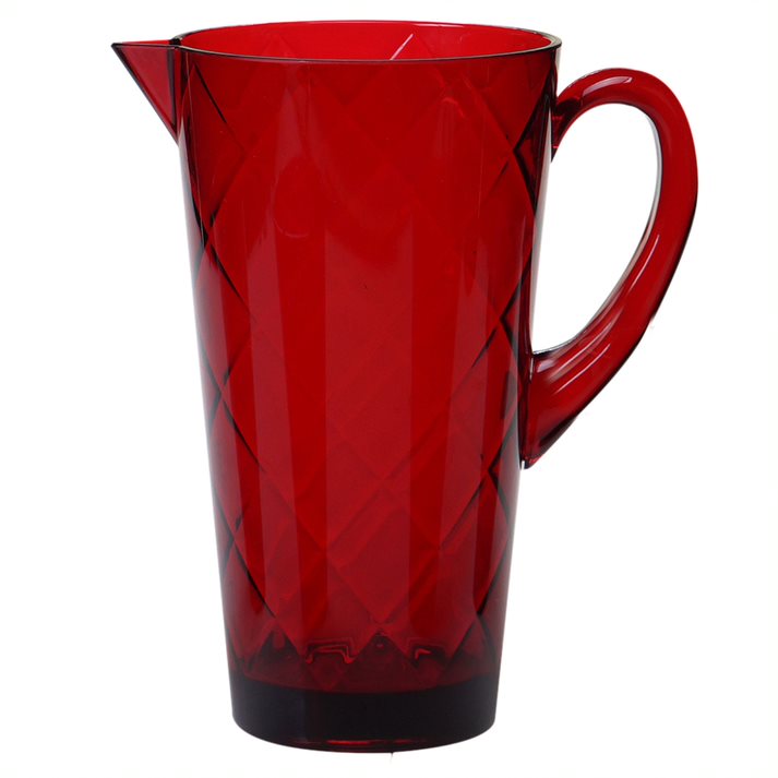 The Radiant Ruby 2.25 qt. Acrylic Pitcher features a diamond pattern, vivid ruby-red color, right-side handle, left-side spout, and is dishwasher safe—displayed on a plain white background.