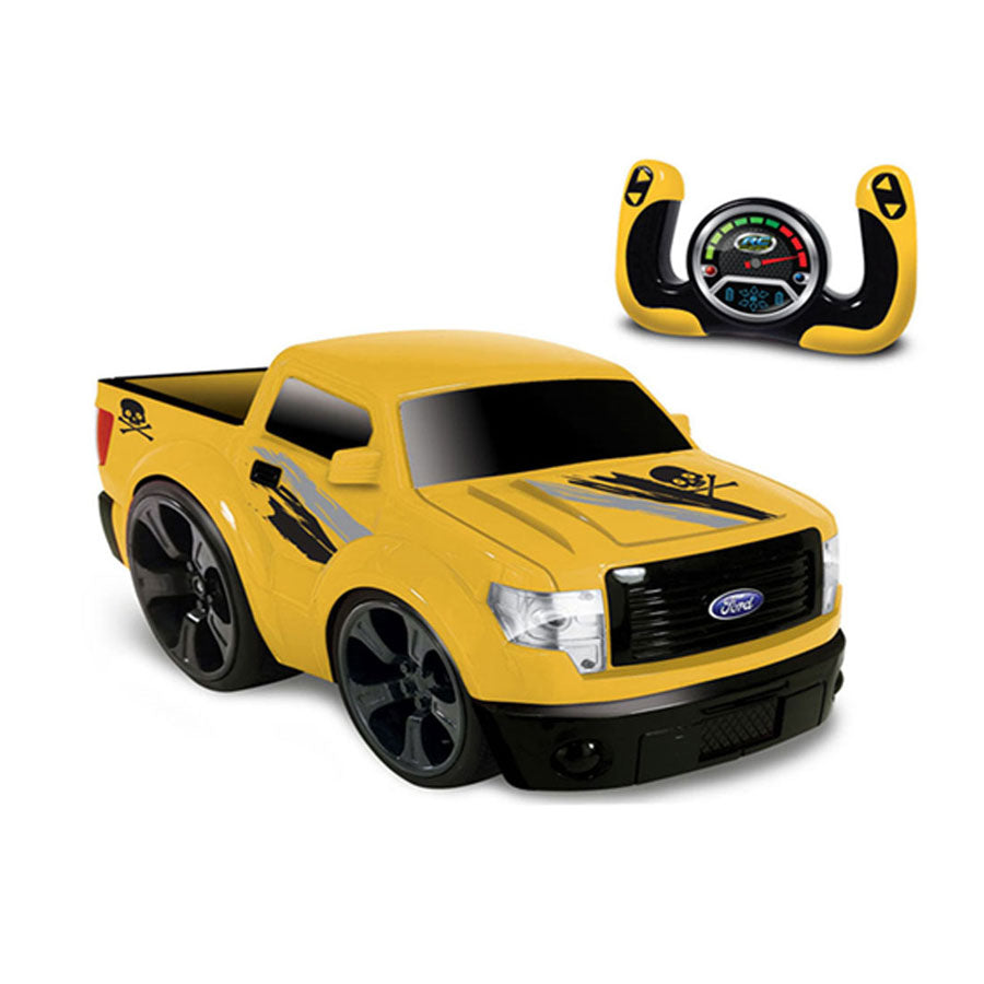 A yellow Ford F150 Remote Control Car with black decals and large wheels is pictured beside a matching black and yellow remote featuring buttons and a speedometer graphic.