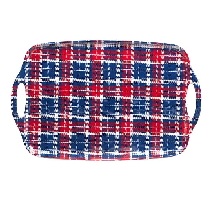 The Patriotic Plaid Rectangular Serving Tray features handles and a red, blue, and white plaid design—ideal as a melamine platter for your Fourth of July serveware collection.