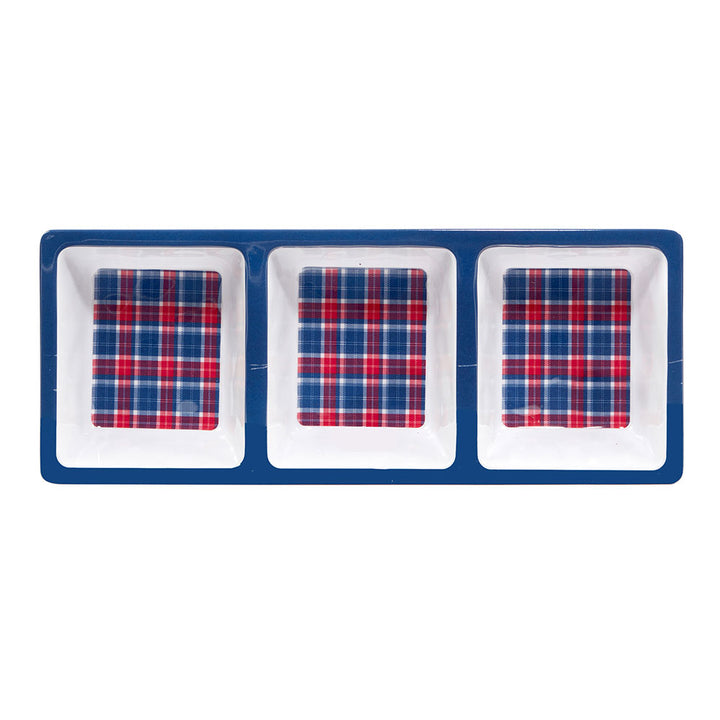 The Patriotic Plaid 3 Section Serving Tray features three square compartments with red, blue, and white plaid patterns and a solid blue border—perfect melamine dinnerware for Fourth of July or outdoor dining.