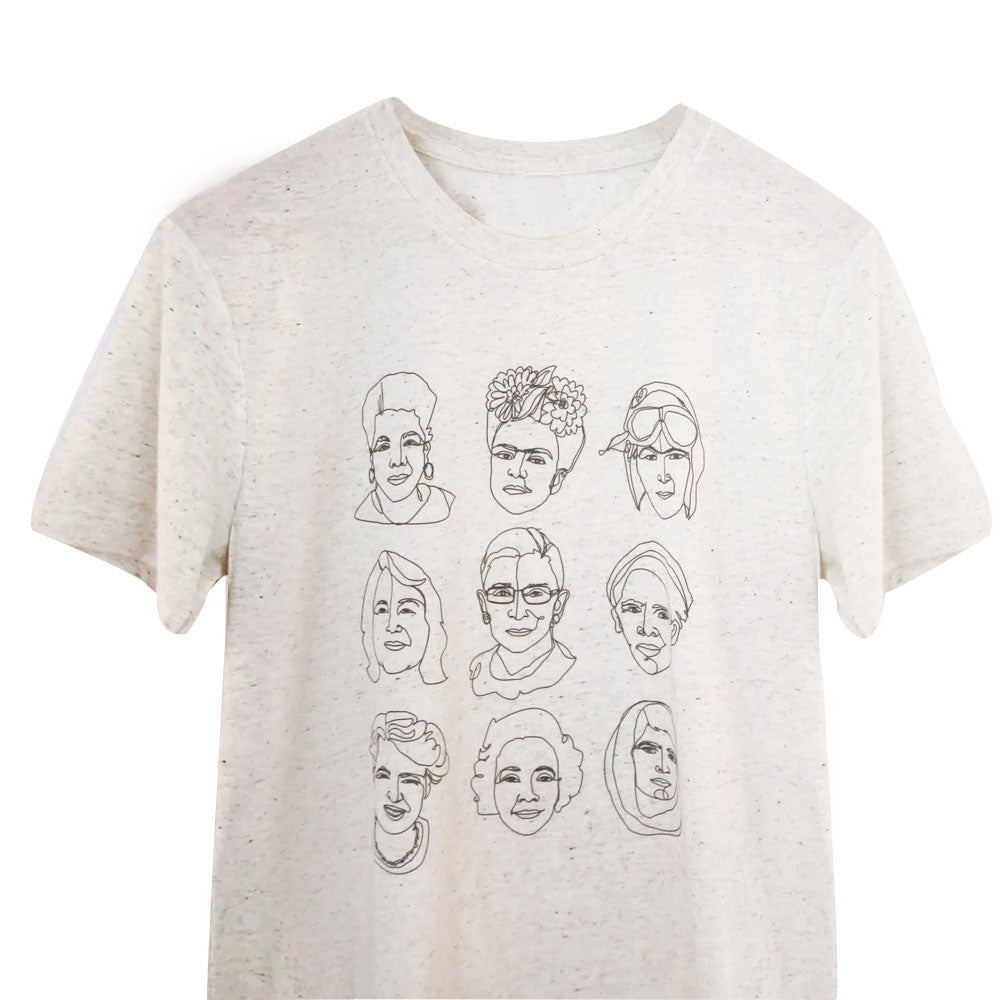 White t-shirt with black line drawings of faces on a white background