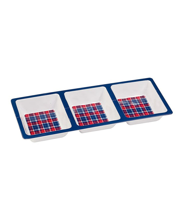 The Patriotic Plaid 3 Section Serving Tray features three square compartments with red, white, and blue plaid designs, a blue border, and a white interior—ideal melamine dinnerware for outdoor dining or July Fourth celebrations.