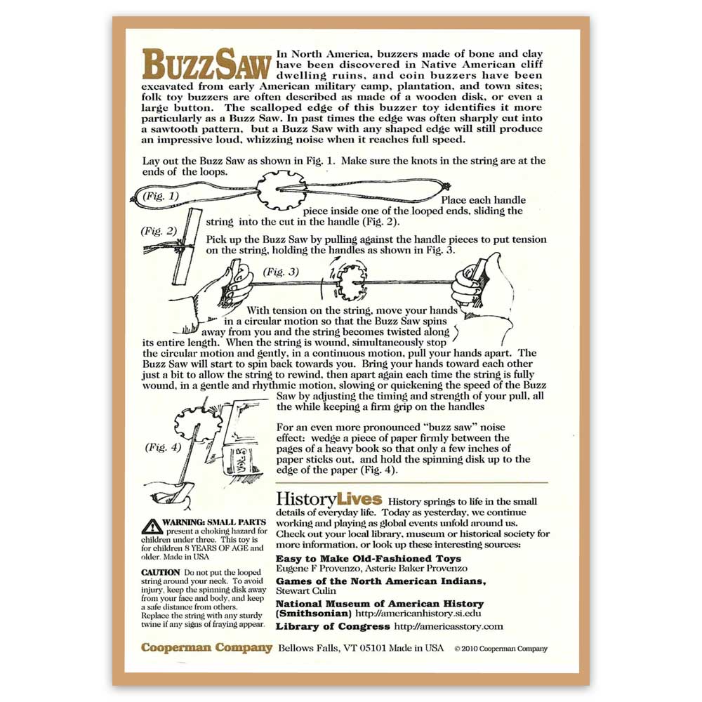 Instructional diagram labeled Wooden Buzz Saw shows how to make and use this classic folk toy using string and a button. Features step-by-step text instructions and simple line drawings illustrating each stage of assembly and use.