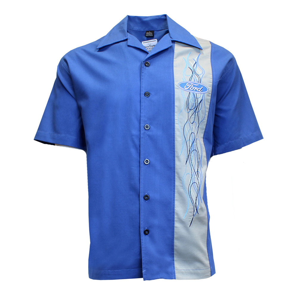 The Ford Flames Club Shirt is a blue short-sleeve button-up featuring a light gray vertical stripe on the right, bold blue flame designs, and a distinctive blue Ford logo—perfect for car enthusiasts and members of the Ford Flames Club who appreciate classic American automobiles.