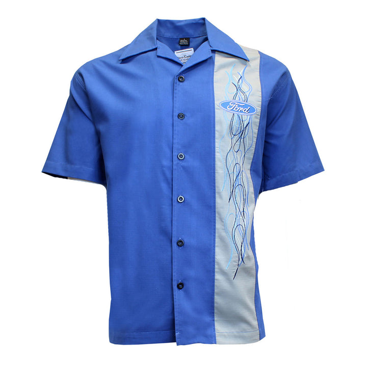 The Ford Flames Club Shirt is a blue short-sleeve button-up featuring a light gray vertical stripe on the right, bold blue flame designs, and a distinctive blue Ford logo—perfect for car enthusiasts and members of the Ford Flames Club who appreciate classic American automobiles.
