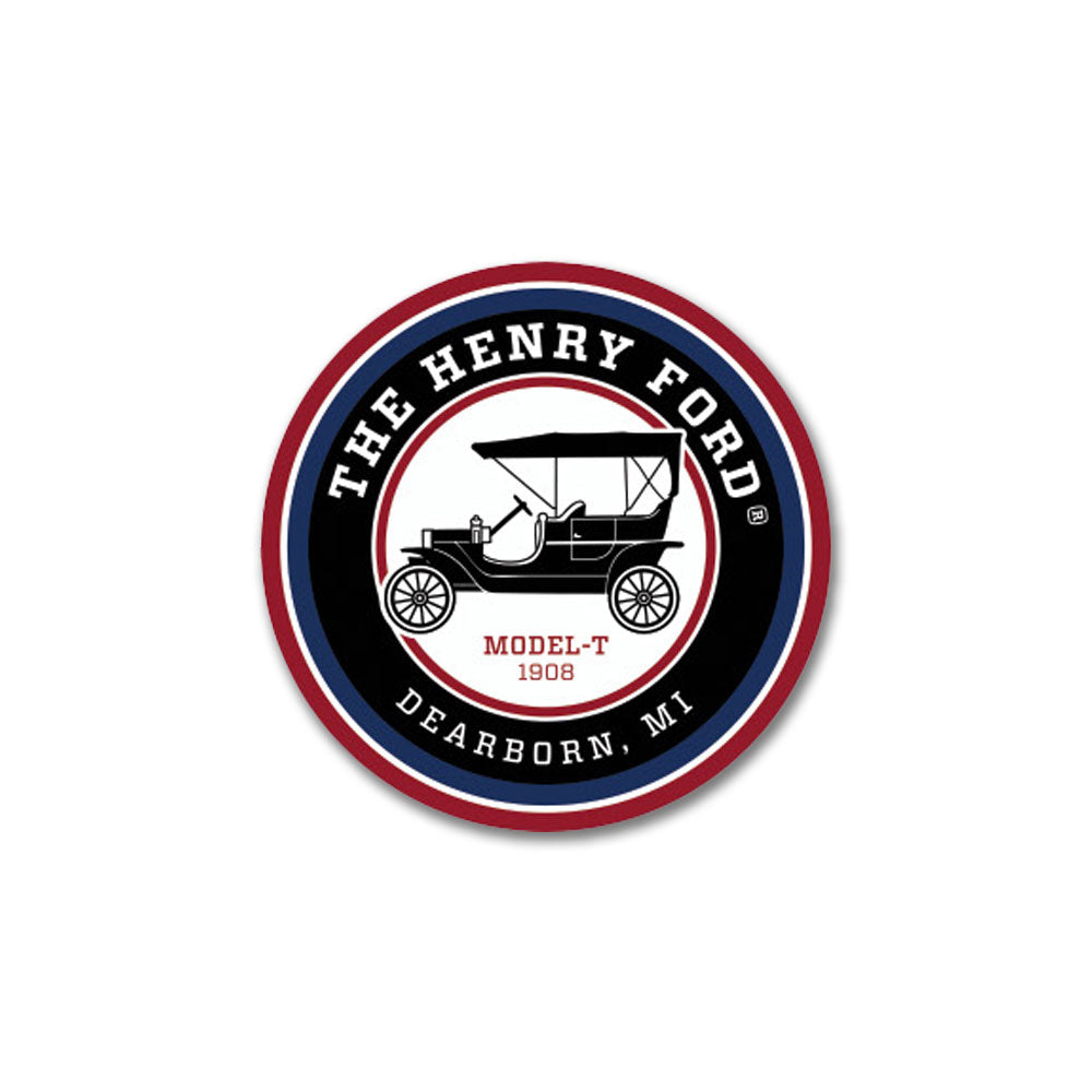 Circular logo pin with a vintage Ford Model T illustration in the center. Text reads: THF Model T Pin, 1908, and Dearborn, MI, surrounded by red, white, and black rings inspired by automotive history.
