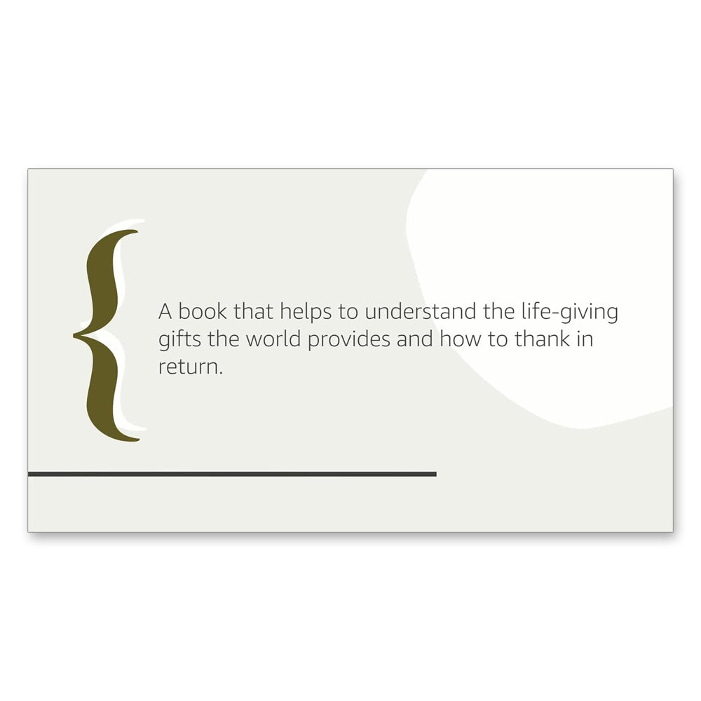 A minimalist card with a large green curly bracket on the left and text: Inspired by "Braiding Sweetgrass: Indigenous Wisdom, Scientific Knowledge and the Teachings of Plants," a book celebrating gratitude and life's gifts.