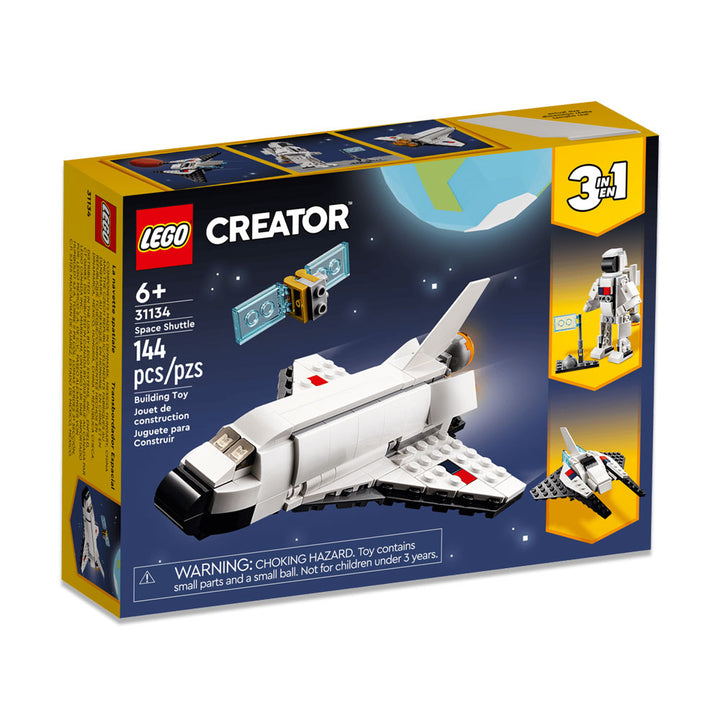 The LEGO Space Shuttle set box showcases a white space shuttle, a satellite, and an astronaut robot build. The yellow box with a blue space background is labeled for ages 6+ and includes 144 pieces. This exciting playset is perfect for young builders, and building instructions are also available on the LEGO Builder app for added convenience.