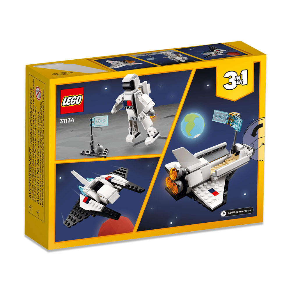 Back of a LEGO set box featuring the exciting LEGO Space Shuttle. The three models to build are an astronaut, a space shuttle playset, and a small spaceship, all set against a star-filled space background with Earth and Mars. For added fun, kids can use the LEGO Builder app to discover new ways to build and play.