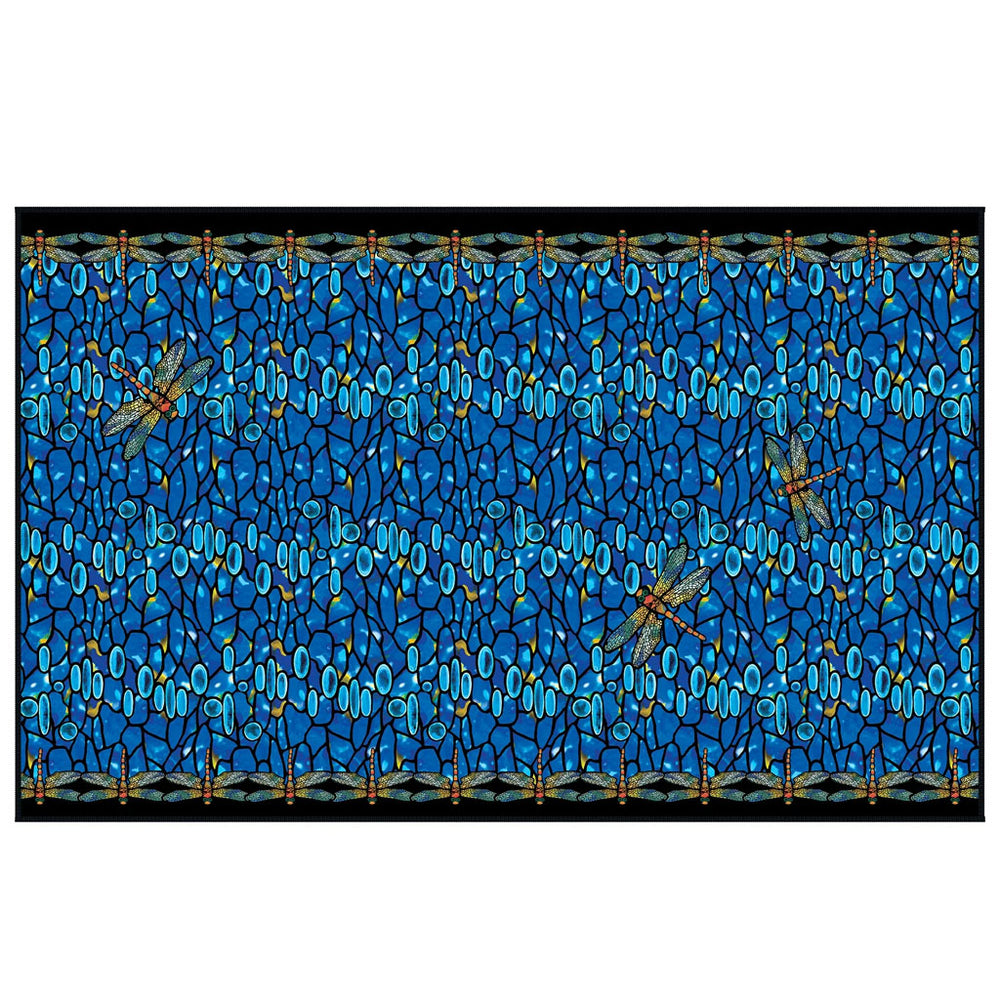 The Louis Comfort Tiffany Dragonfly Beach Towel showcases blue and turquoise abstract shapes like water, with dragonflies along the top and bottom borders and three larger dragonflies featured across the center.