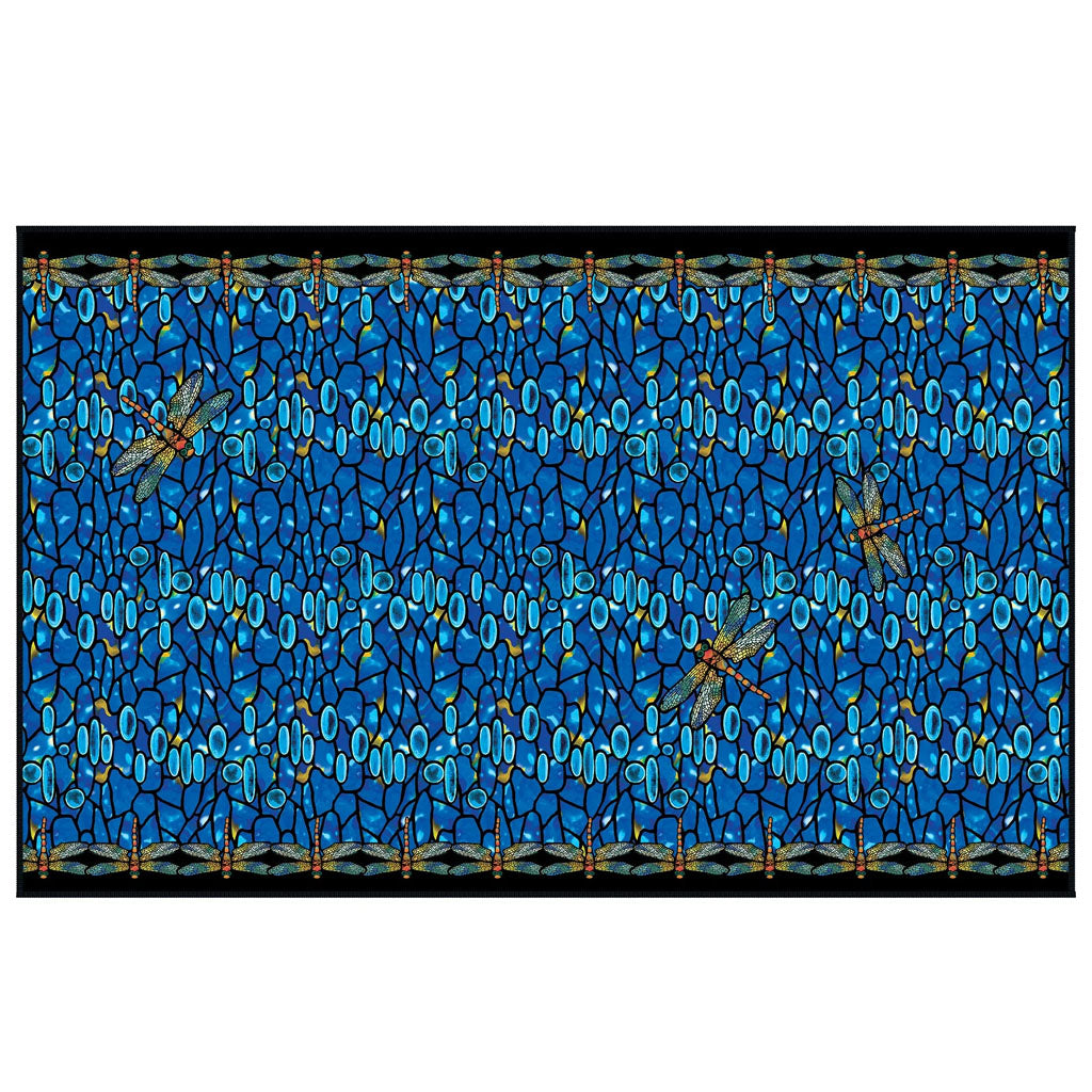 The Louis Comfort Tiffany Dragonfly Beach Towel showcases blue and turquoise abstract shapes like water, with dragonflies along the top and bottom borders and three larger dragonflies featured across the center.