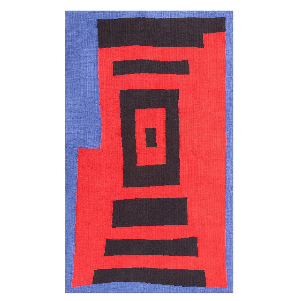 Gee's Bend Nancy Pettway Housetop Woven Rug: a rectangular hand-woven cotton rug with a central red and black geometric pattern, angular black shapes on red, and a solid blue border inspired by Gee’s Bend quilt designs.