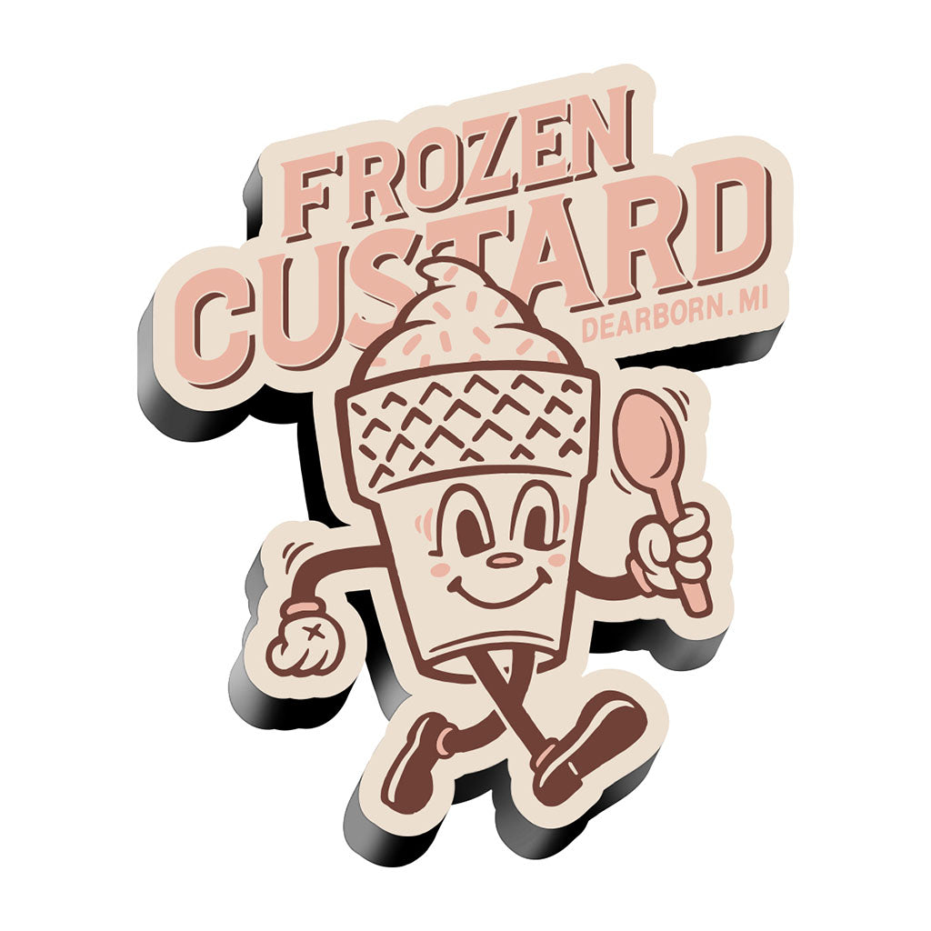 A cheerful cartoon frozen custard cone holding a spoon and smiling, with "Frozen Custard Dearborn, MI" in bold pink and brown above—perfect as the Greenfield Village Frozen Custard Magnet souvenir.