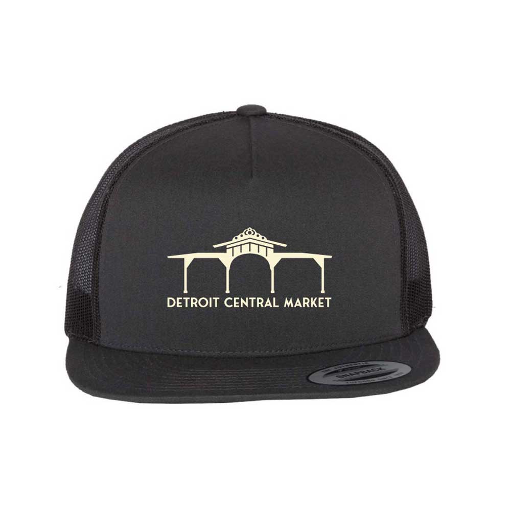 The Detroit Central Market Cap is a black mesh hat with an outline of a building and "Detroit Central Market" printed in beige on the front, offering a stylish tribute to historic Detroit.