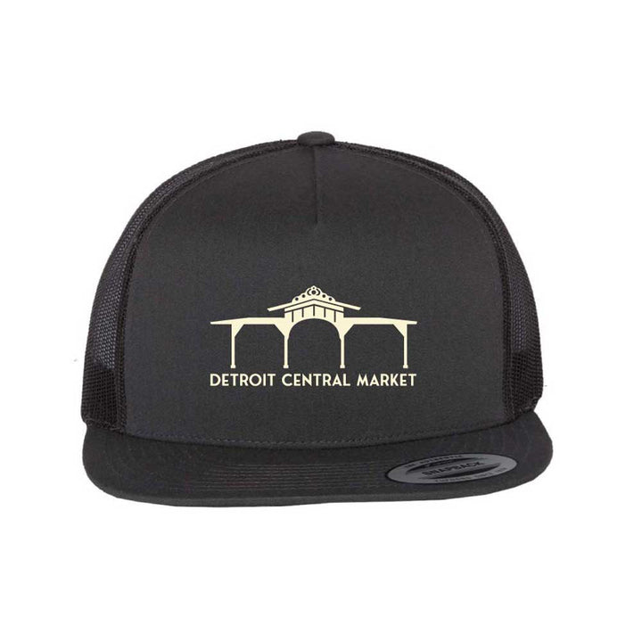 The Detroit Central Market Cap is a black mesh hat with an outline of a building and "Detroit Central Market" printed in beige on the front, offering a stylish tribute to historic Detroit.