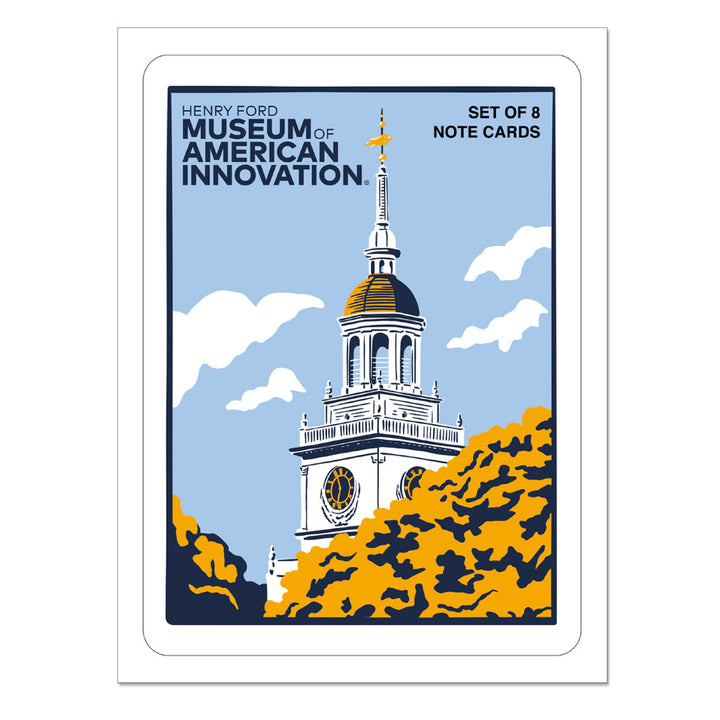 Illustration of a white clock tower with a gold dome among yellow and green trees under a blue sky. Text reads The Henry Ford Museum Building Note Card Set, set of 8 note cards.