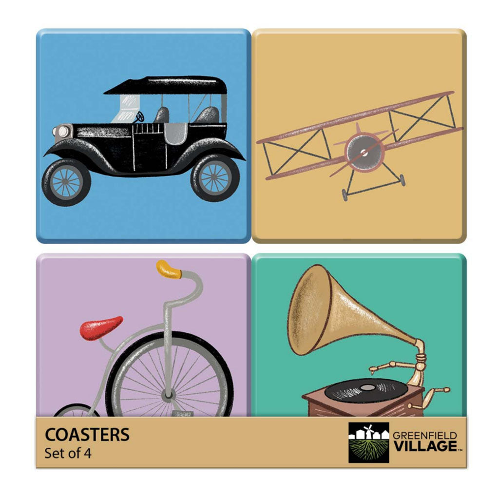 The Greenfield Village Icons Coaster Set features artwork by Humberto Cruz: a vintage car, biplane, unicycle, and gramophone. Packaged with the Greenfield Village logo, it’s a perfect souvenir from the Henry Ford Museum. Set of four coasters included.