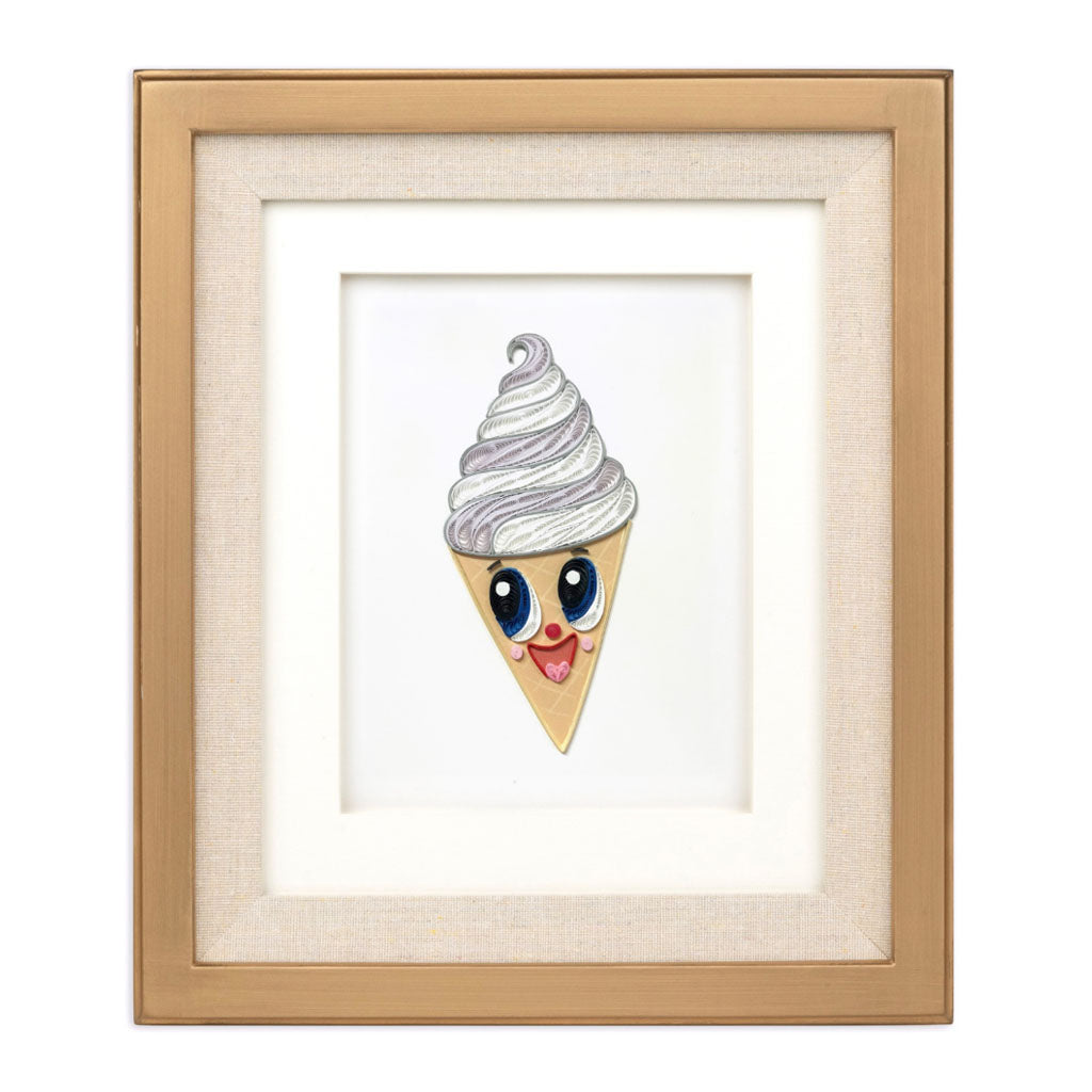 Custard Quilling Card Framed Art features a charming ice cream cone with big blue eyes, a smiling mouth, and a heart-shaped tongue on white—ideal for Greenfield Village enthusiasts and handmade card lovers.
