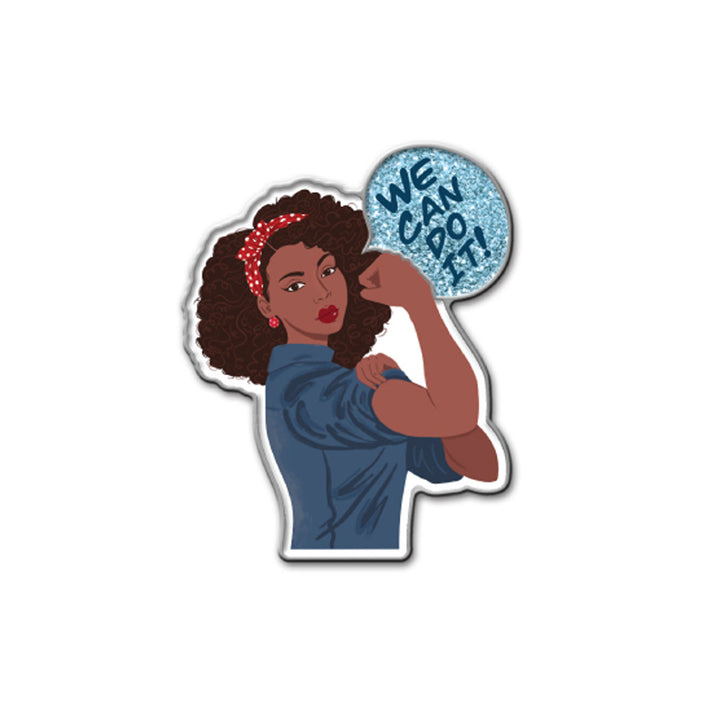 A woman in a blue shirt and red headband flexes her arm Rosie the Riveter-style, holding a "We Can Do It!" speech bubble and wearing the Rosie the Riveter We Can Do It Pin, set against a glittery blue background.