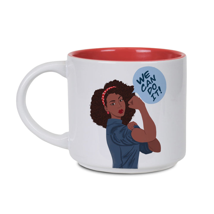 The Rosie the Riveter We Can Do It Mug is a ceramic mug with a red interior, featuring a woman with curly hair and a red headband flexing her arm beside a blue "We can do it!" speech bubble—symbolizing female strength.