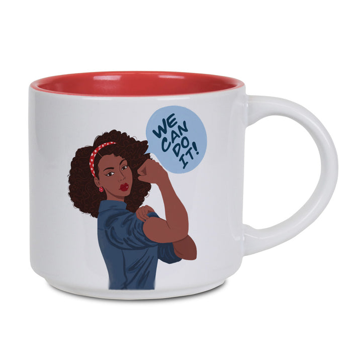 The Rosie the Riveter We Can Do It Mug honors female strength, featuring the iconic pose with curly hair, blue shirt, red headband, and "We can do it!" speech bubble. The ceramic mug’s red interior adds a bold accent.