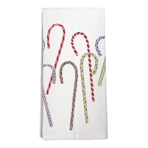 The Henry Ford® Greenfield Village Candy Cane Tea Towel is white and features festive red, green, blue, and yellow candy cane designs inspired by holiday traditions at Greenfield Village.