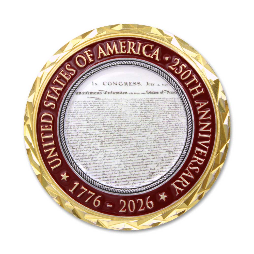 The Henry Ford® America's 250th Coin features the Declaration of Independence text with a gold and red border: United States of America • 250th Anniversary • 1776-2026. It's part of America's 250th Coin celebration.