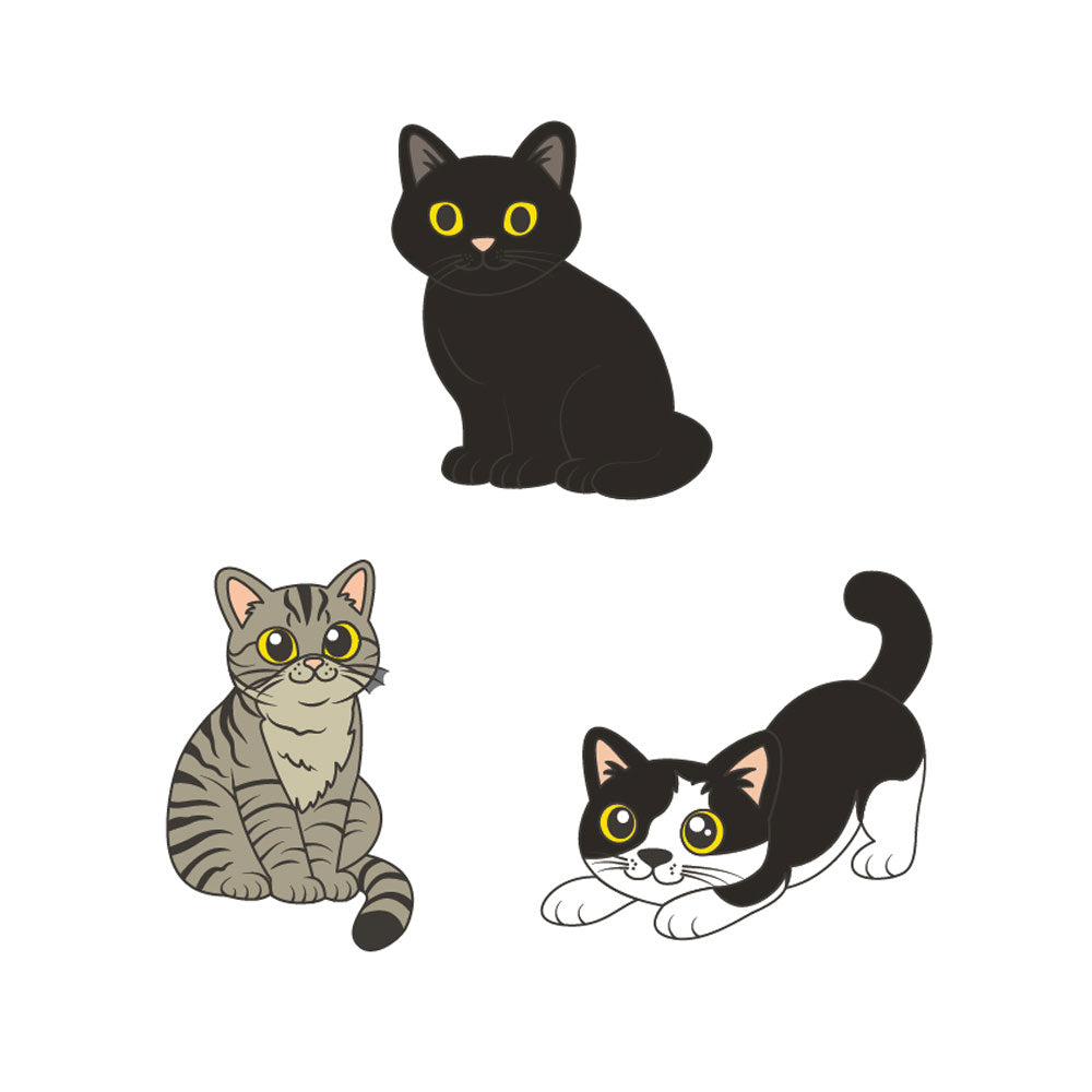Three cartoon cats—a sitting black cat, a sitting gray tabby cat, and a crouching playful black and white cat—all with large yellow eyes appear on a white background. Inspired by the friendly barn cats of Greenfield Village’s historic community, the Greenfield Village Barn Cats Pin Set beautifully captures their charming personalities in adorable detail.