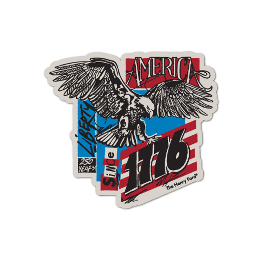 Celebrate America with The Henry Ford® 1776 Concert Series Magnet, featuring a flying bald eagle over red and white stripes and bold "America, Liberty, Since 1776, 250 Years" text—a patriotic collectible keepsake.