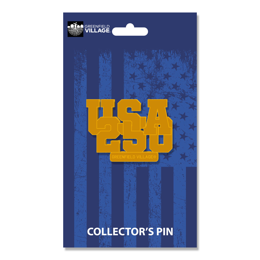 Show your national pride with the Greenfield Village America's 250th Eagle Pin—bold yellow “USA 250” text above “Greenfield Village,” set on a blue backing card featuring a subtle American flag design.